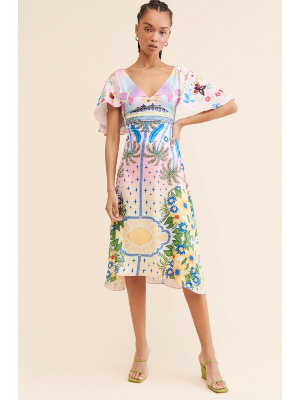NWT Oceanus Camille Satin Midi Dress Colorful Tropical Floral Small